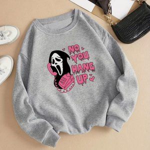 No You Hang Up Print Sweatshirt, Halloween Long Sleeve Crew Neck Casual Sweatshi